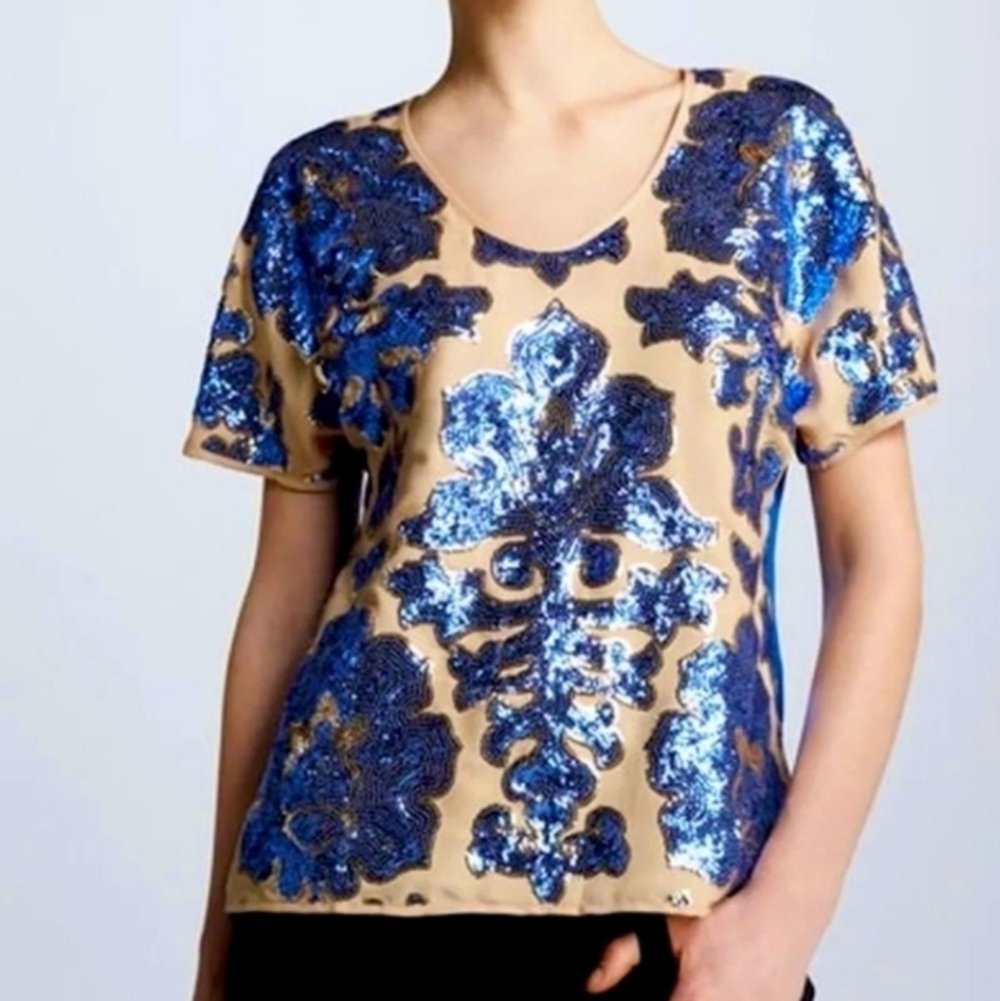 Tracy Reese Blue Gold Sequin Top XS